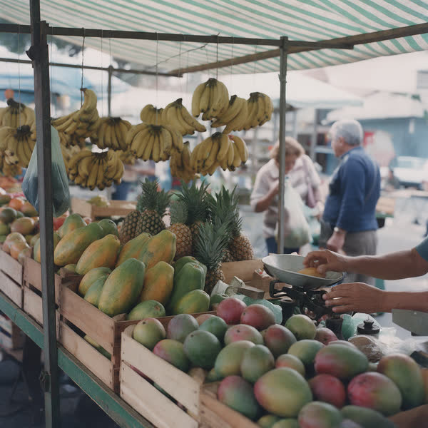 Banca de feira com mangas, bananas e abacaxis empilhados.