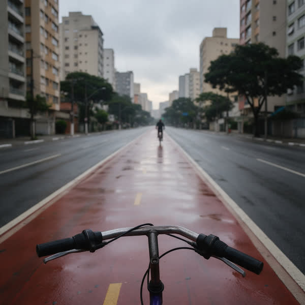 Ciclovia vermelha molhada numa avenida vazia, vista do guidão de uma bicicleta.