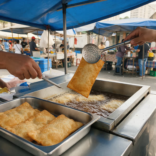 Mãos fritando pastéis num tacho de óleo, numa barraca de feira.